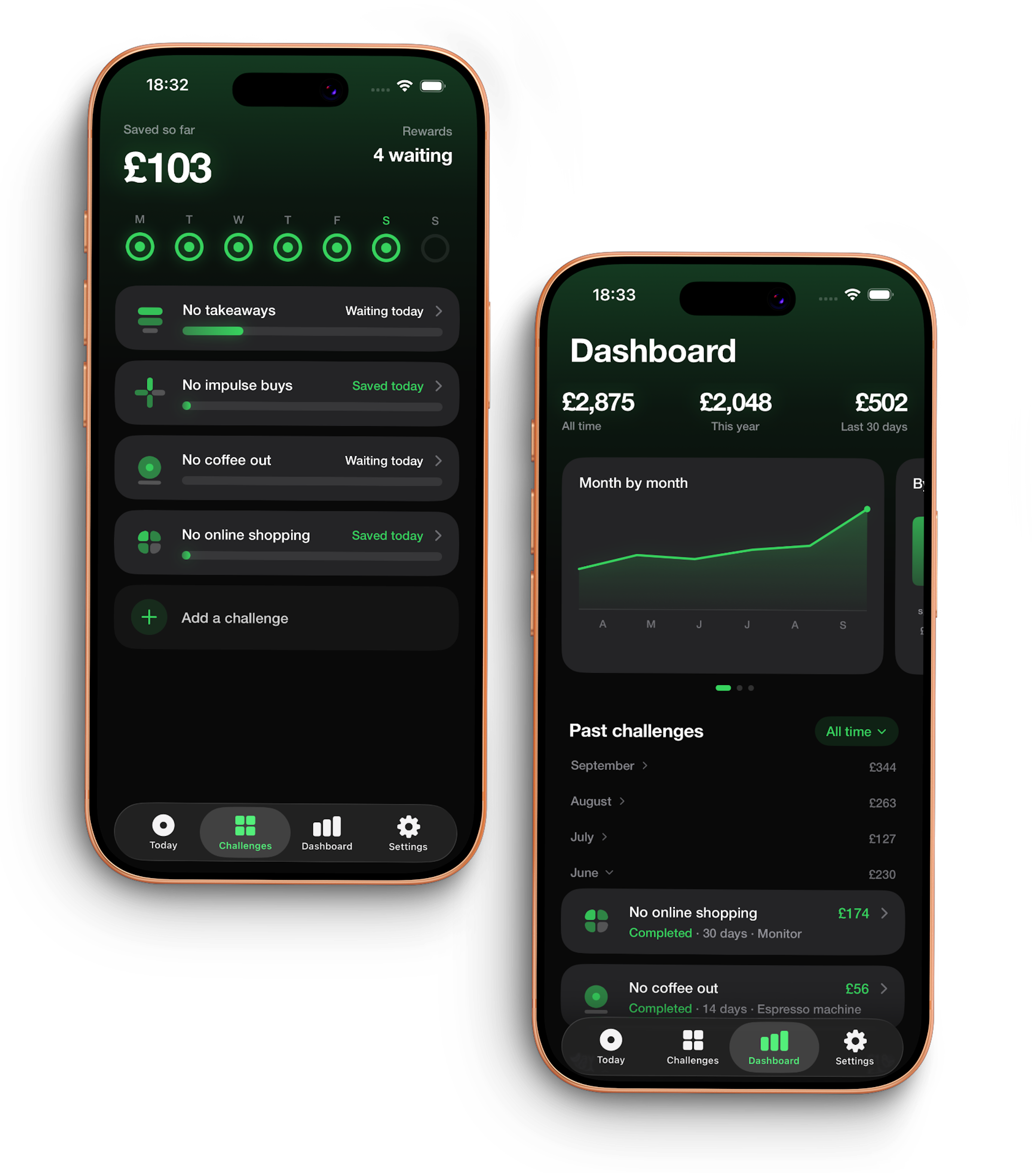 Several challenges running at once, and the dashboard of lifetime savings, with Pro